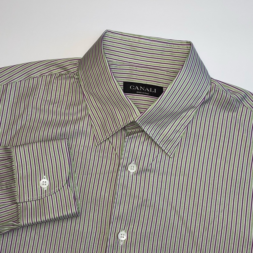 Canali Dress Shirt Men Medium Green Purple Striped Long Sleeve Button Down Italy